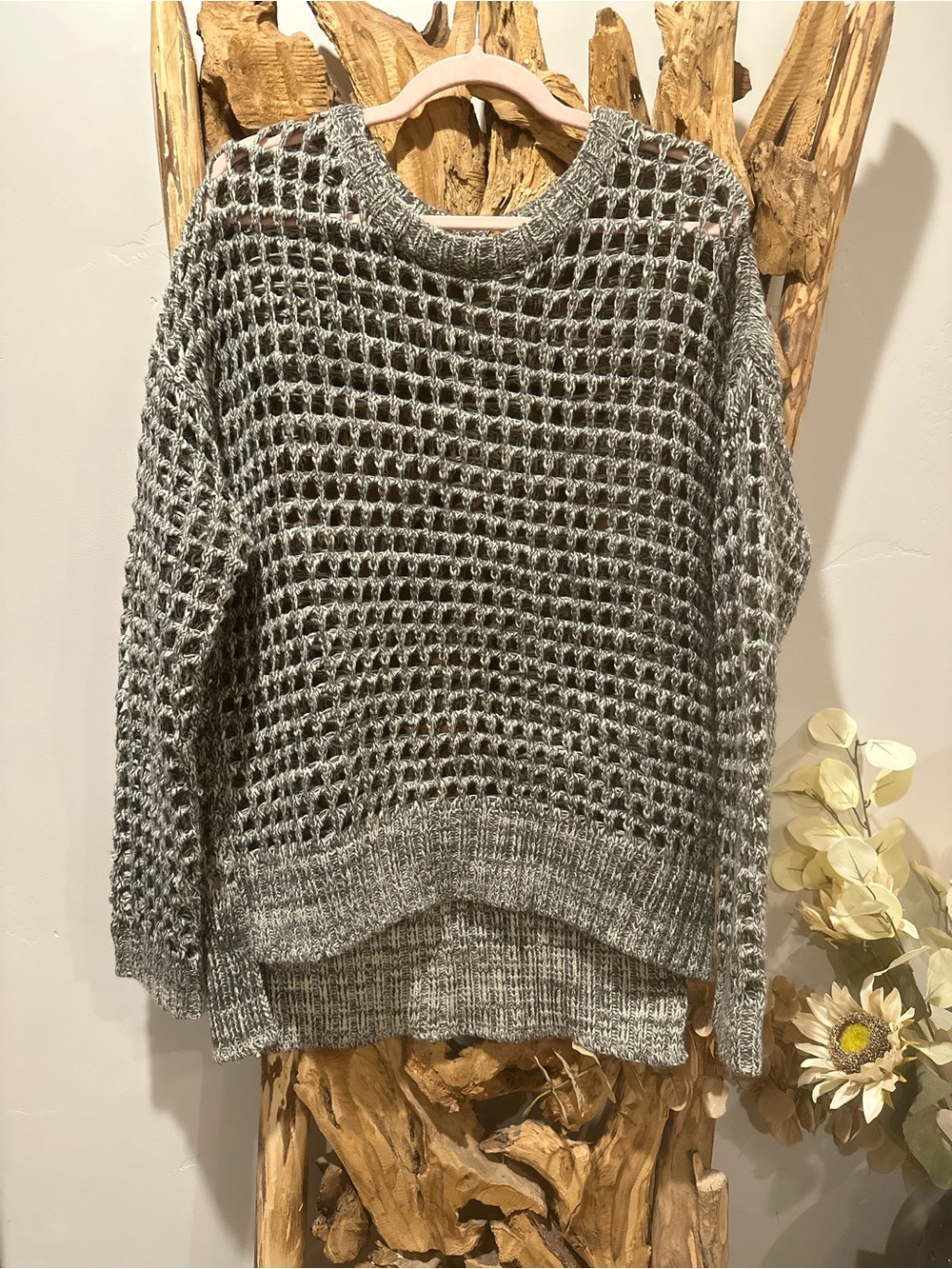 Blu Pepper Gray Open-Knit Crewneck Sweater